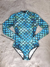 Load image into Gallery viewer, Blue long sleeve mermaid swimsuit

