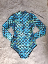 Load image into Gallery viewer, Blue long sleeve mermaid swimsuit
