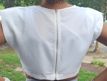 Load image into Gallery viewer, White muscle crop top in polyester.
